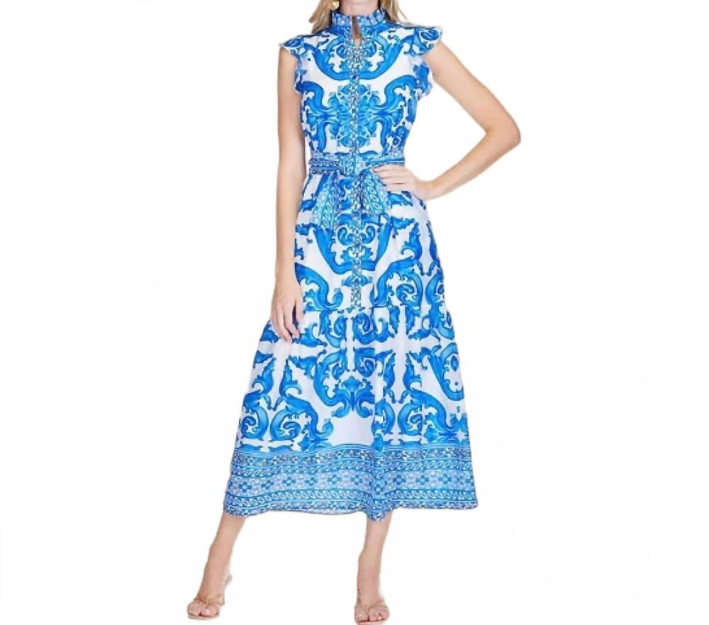 NEW JADE wave button front maxi dress in cobalt blue and white